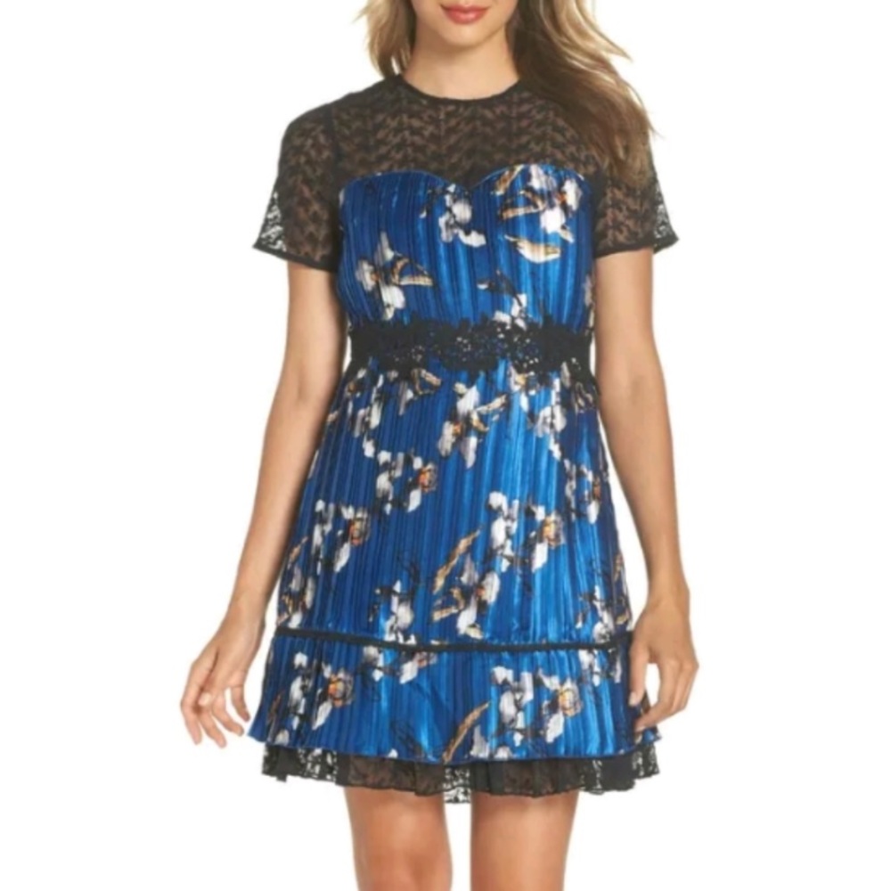 foxiedox Royal Blue Floral Lace-Trim Pleated Mini Dress